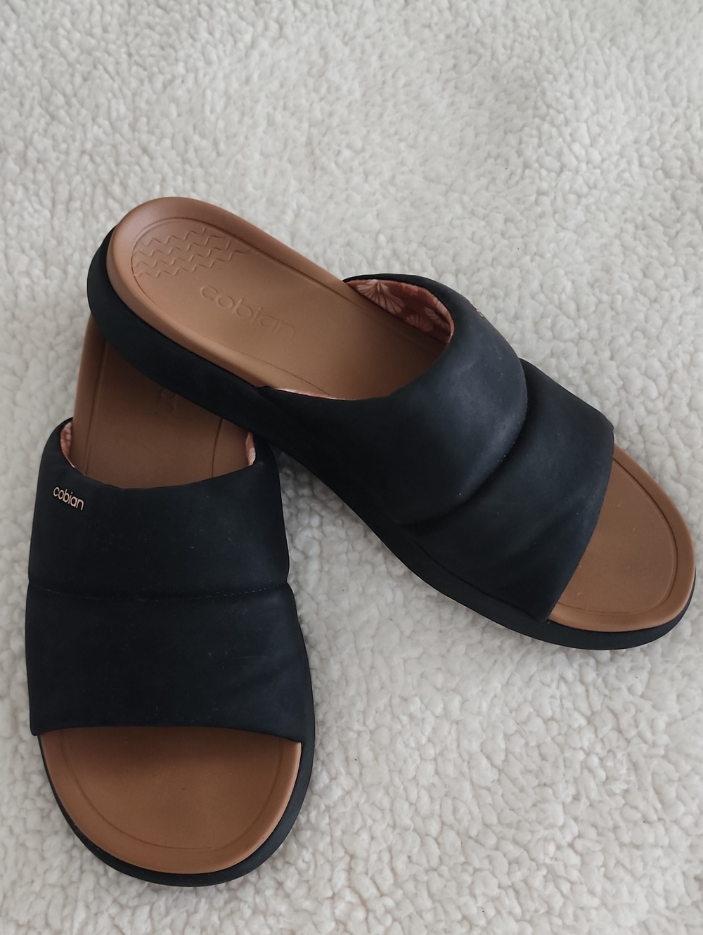 Cobian Black Slide Sandals with Tan Footbed